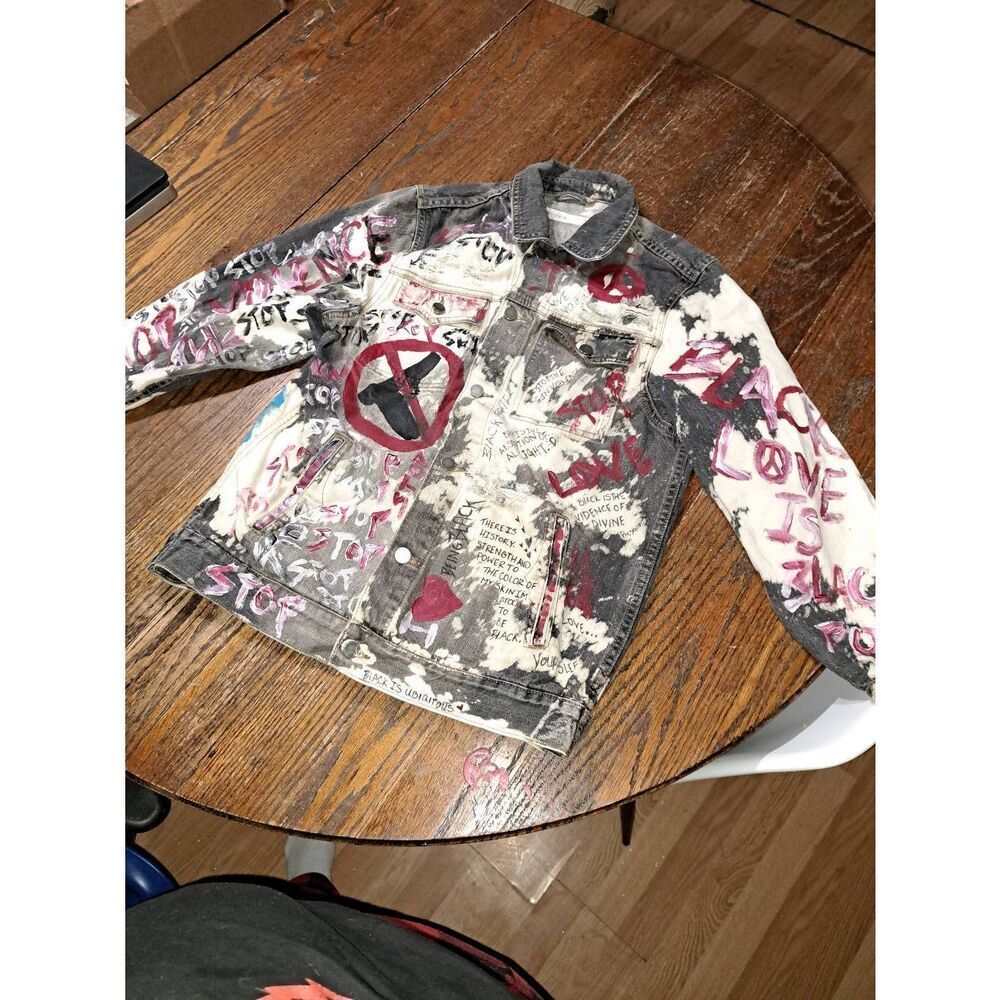 Size 4 ASOS Custom Hand Crafted BLM Black Denim Jean Distressed Destroyed Jacket